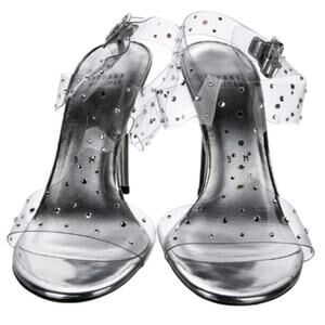 Stuart Weitzman Clear Silver Crystal Embellishments T-Strap Sandal Heels size 7